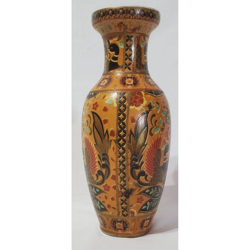 Vintage Chinese Asian Vase Bird Floral Motif 9-3/4